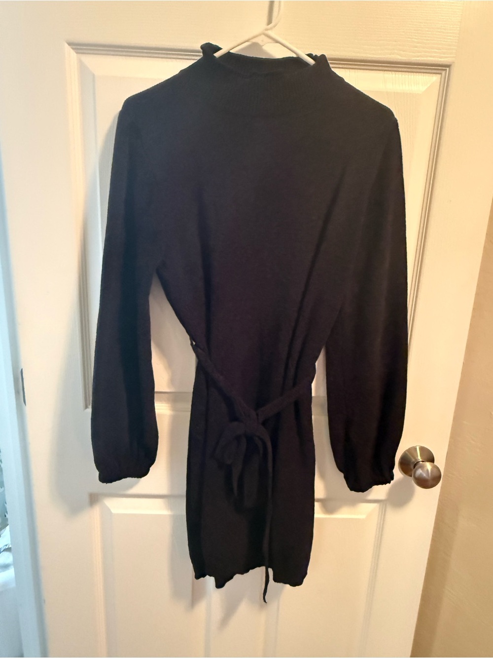 Black Long Sleeve Tie-Waist Sweater Dress